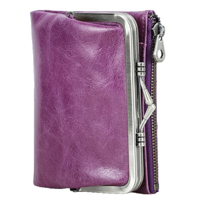 Women's Angel First Layer Cowhide Iron Hinge Short Leather Ladies Wallet