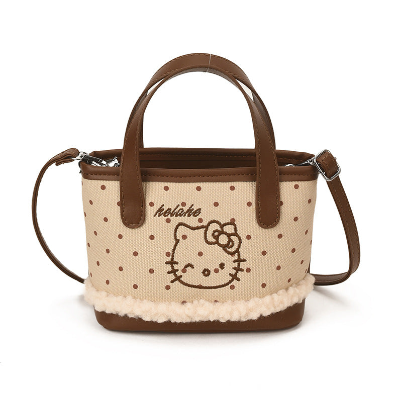 Women's Korean Style Cartoon Fashion Trendy Lamb Wool Cute Cat Embroidery Bags