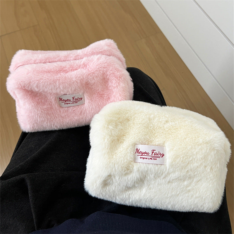 Plush Sweet Solid Color Large Capacity Makeup Bag