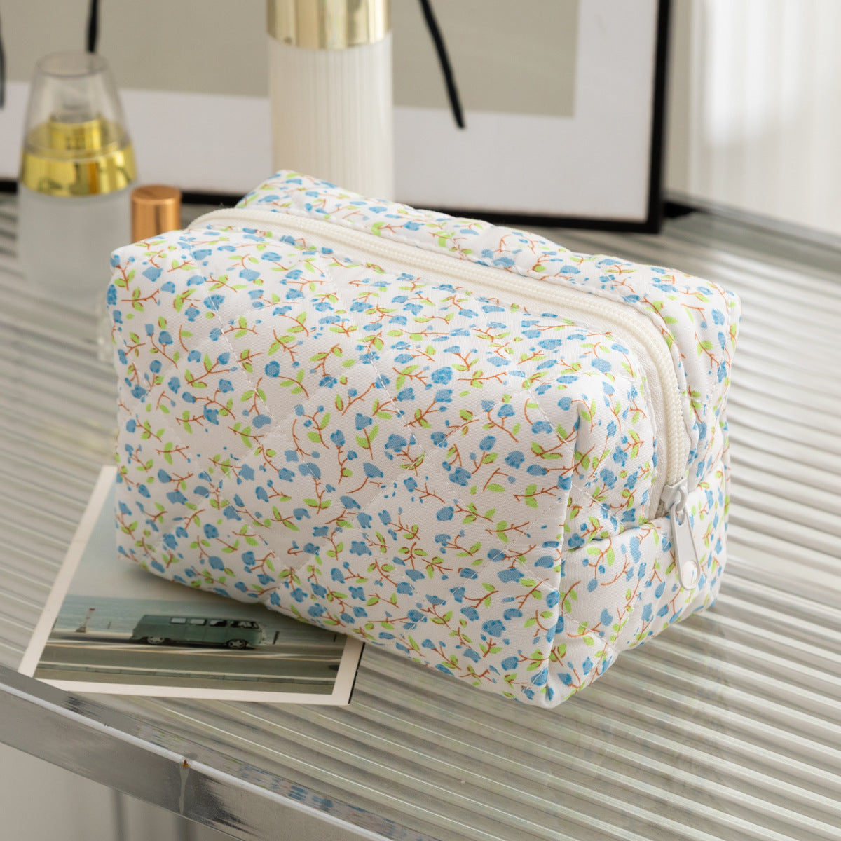 Floral Quilted Toiletries Portable Cosmetics Storage Makeup Bag