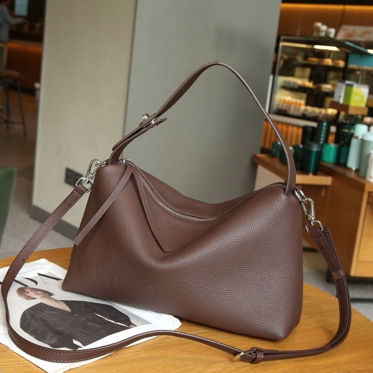 First Layer Cow Lady's Single Solid Color Simple Elegant Leather Bags