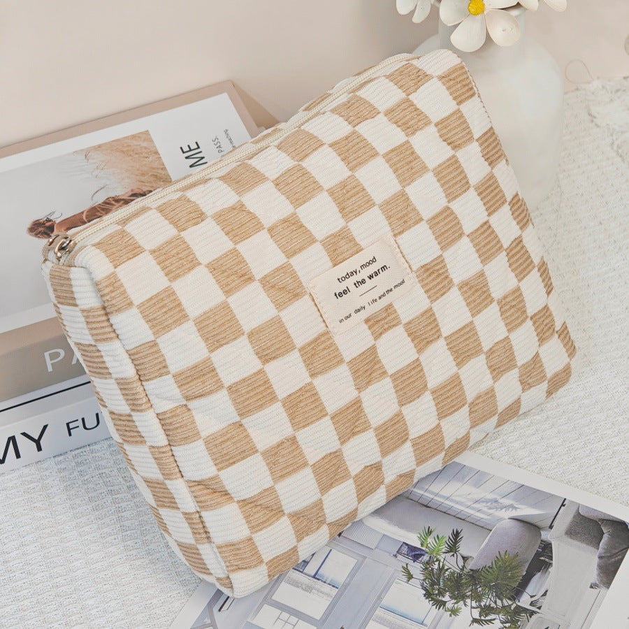 Wind Chessboard Plaid Knitted Large Capacity Portable Corduroy Makeup Bag