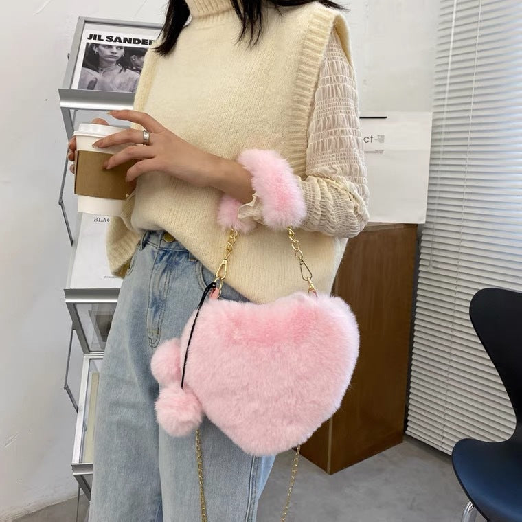 Women's Portable Heart Fashion Plush Heart-shaped Handbags
