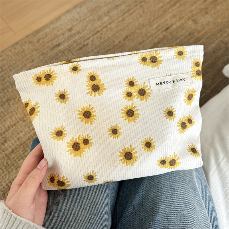 Corduroy Sunflower Large Capacity Wash Liner Clutch Zipper Bags
