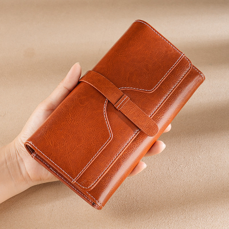 Women's High Quality Leather Long Brushing Oil Wax Genuine Bags
