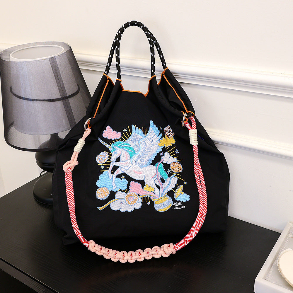 Lucky Horse Cartoon Waterproof Nylon Needle Embroidery Fashion Commuter Large Shoulder Bags