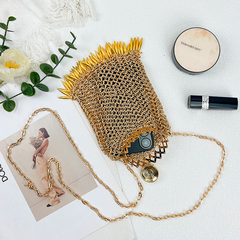 Retro Gold Sier Fine Soft Metal Mesh Women's Messenger Bag