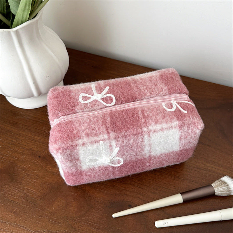 Plaid Woolen Bow Storage Large Capacity Wash Makeup Bag