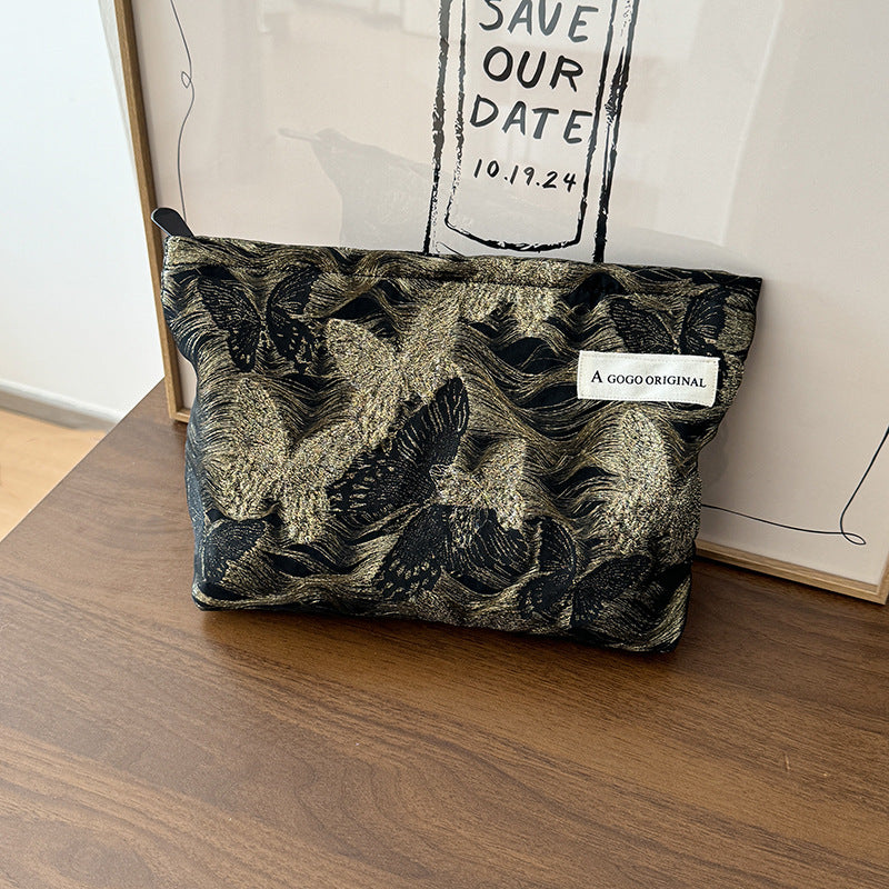 Gold Silk Butterfly Fabric Storage Clutch Canvas Makeup Bag
