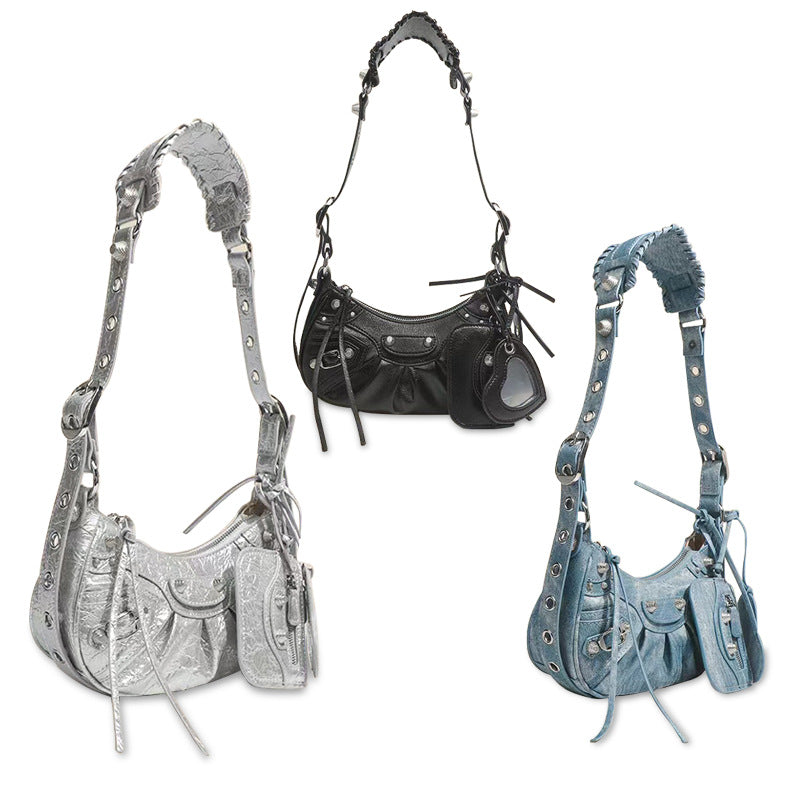 Women's Trendy Retro Underarm Pleated Rivet Tassel Half Bags