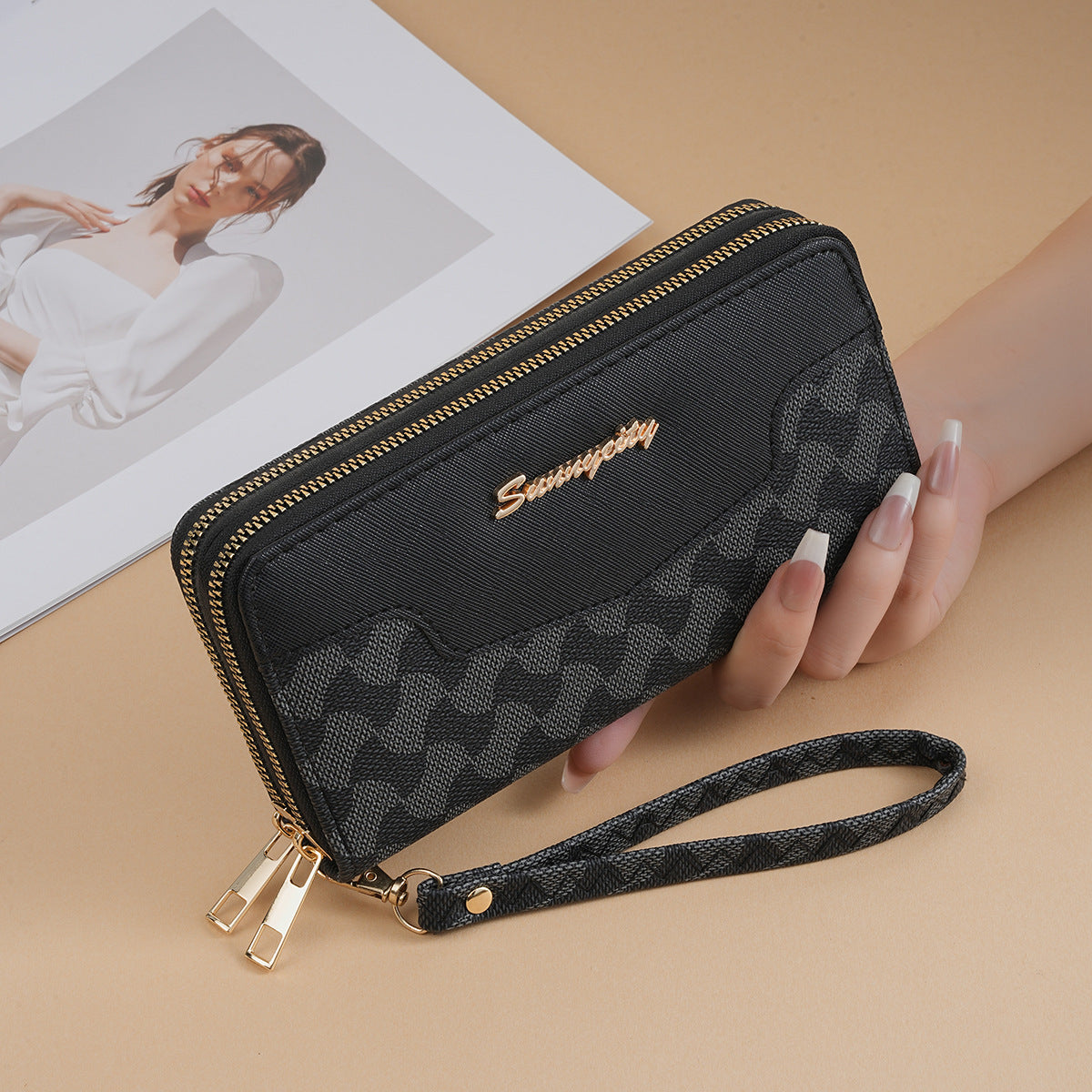Women's Print Stitching Long Large Capacity Clutch High-grade Double Bags