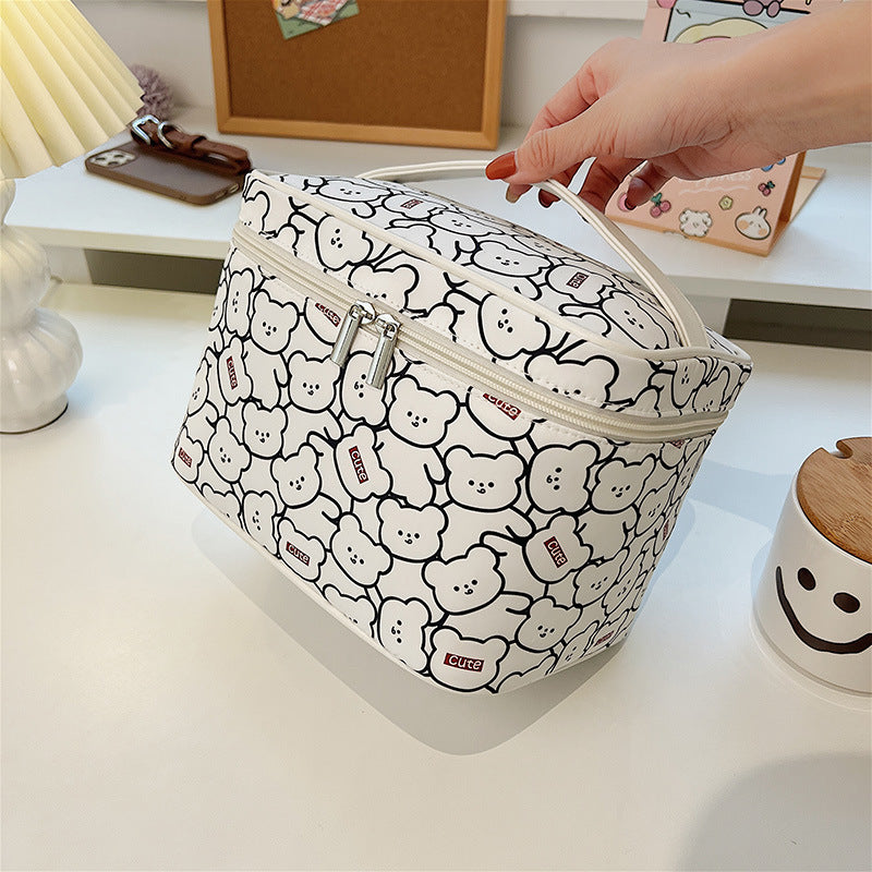 White Plaid Portable Simple Large Capacity Makeup Bag