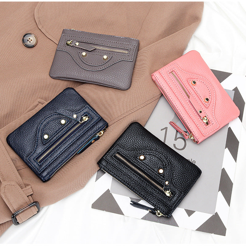 Women's First Layer Cowhide Leather Short Motorcycle Coin Purses