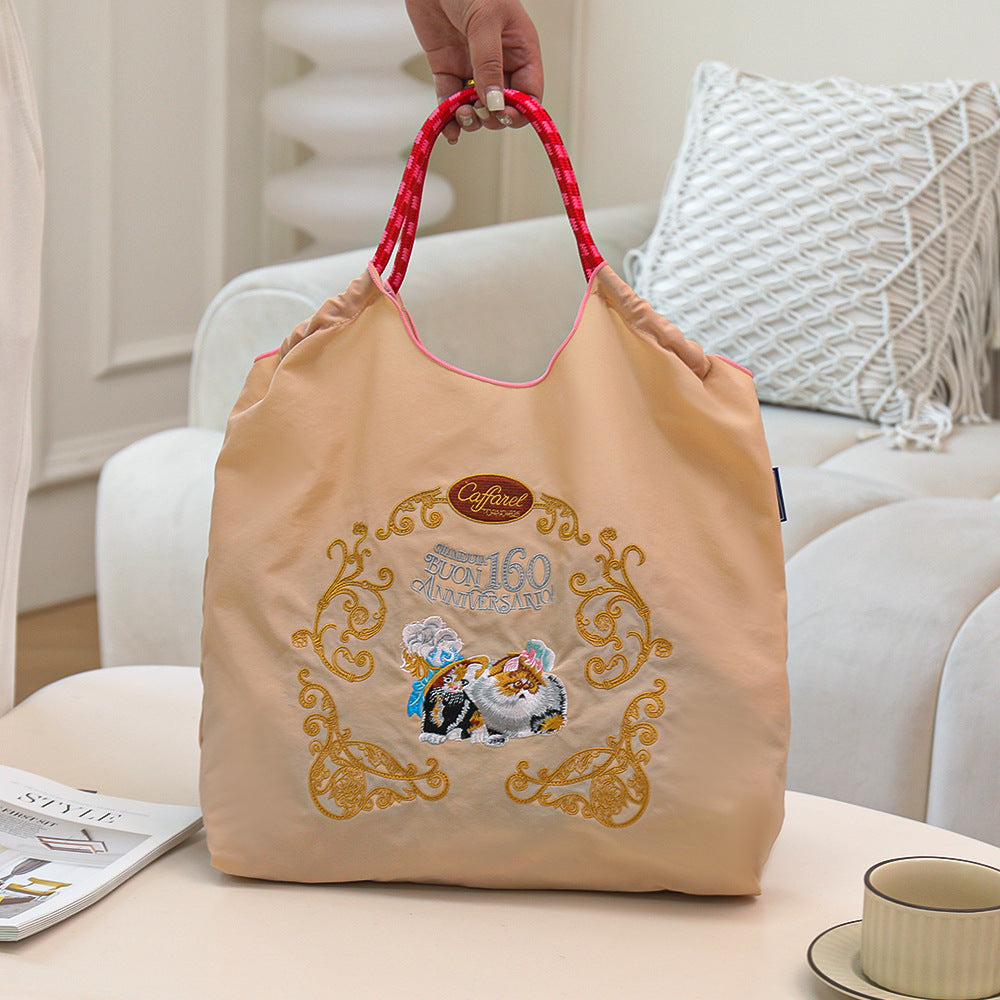 Embroidered Shopping With Flowers Plants On The Upper Body Niche Women's Shoulder Bag
