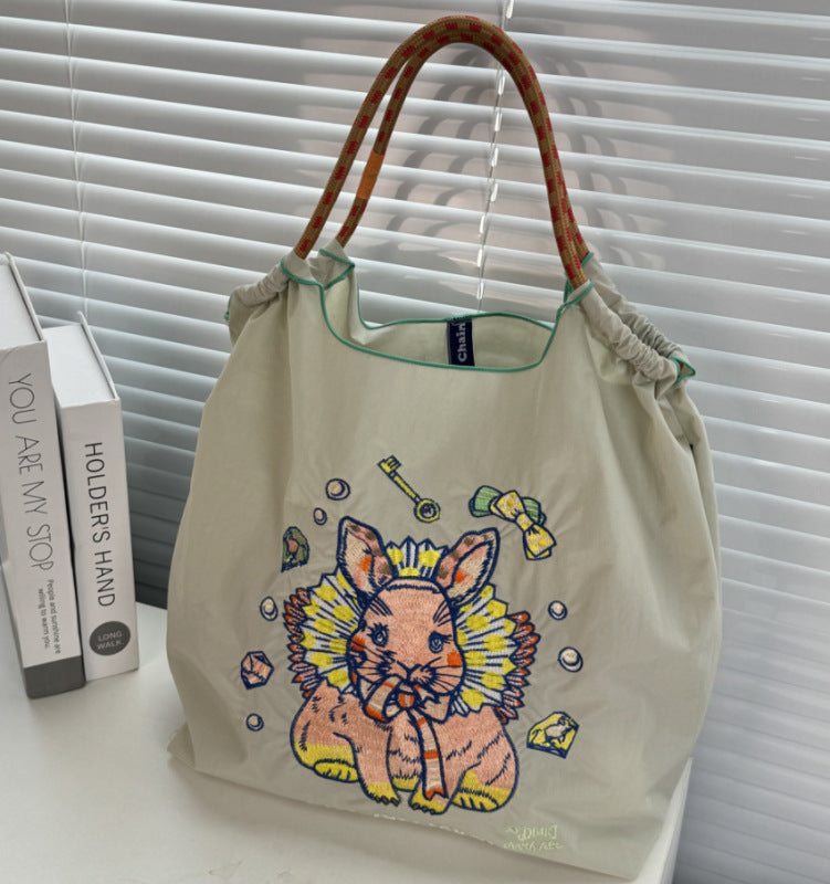 Embroidered Shopping With Flowers Plants On The Upper Body Niche Women's Shoulder Bag
