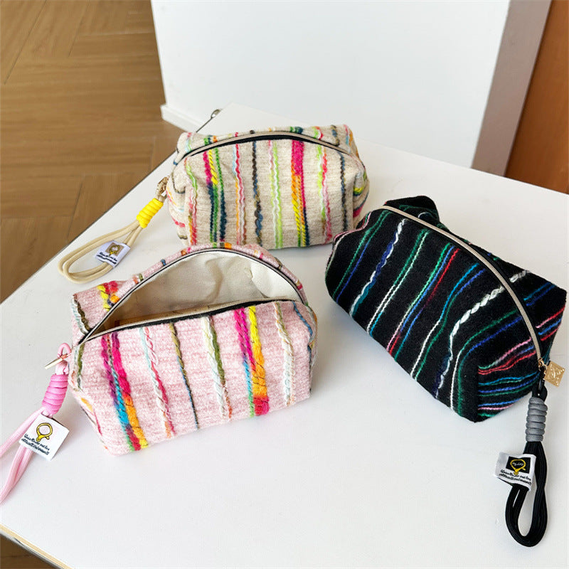 Striped Contrast Color Korean Style Canvas Three-dimensional Commuter Large Capacity Makeup Bag