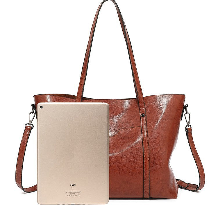 Women's Fashion Trendy Oil Leather Portable Big Women's Shoulder Bag