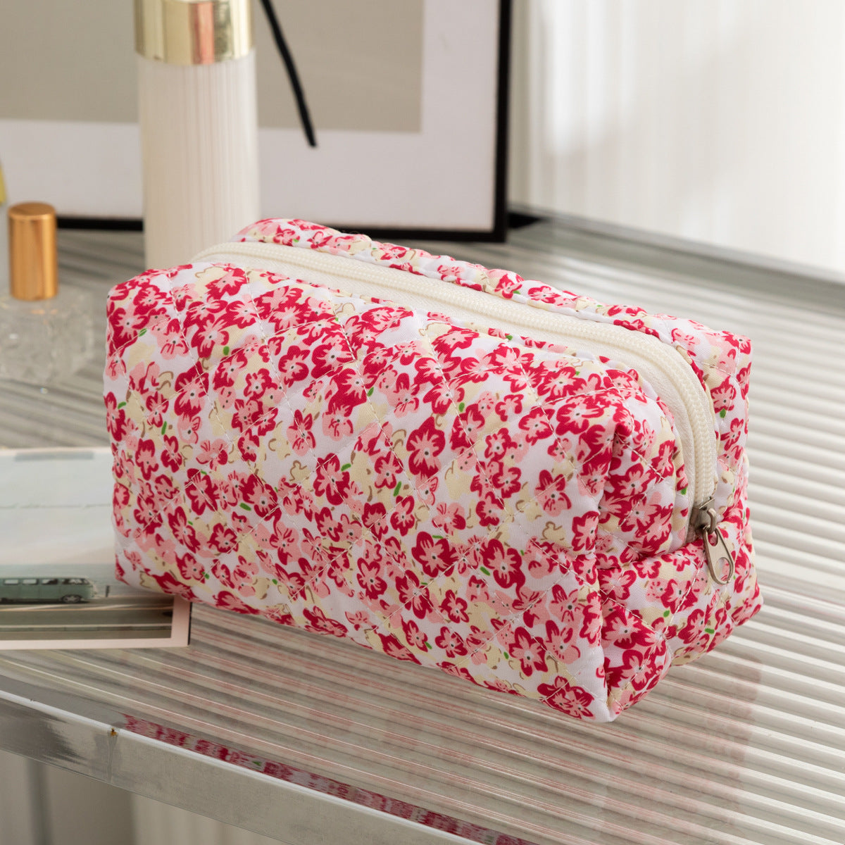 Floral Quilted Toiletries Portable Cosmetics Storage Makeup Bag
