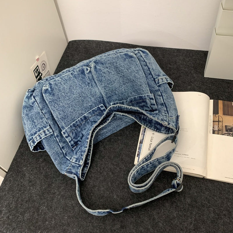 Women's Tooling Style Denim Canvas Large Capacity Class Tote Bags