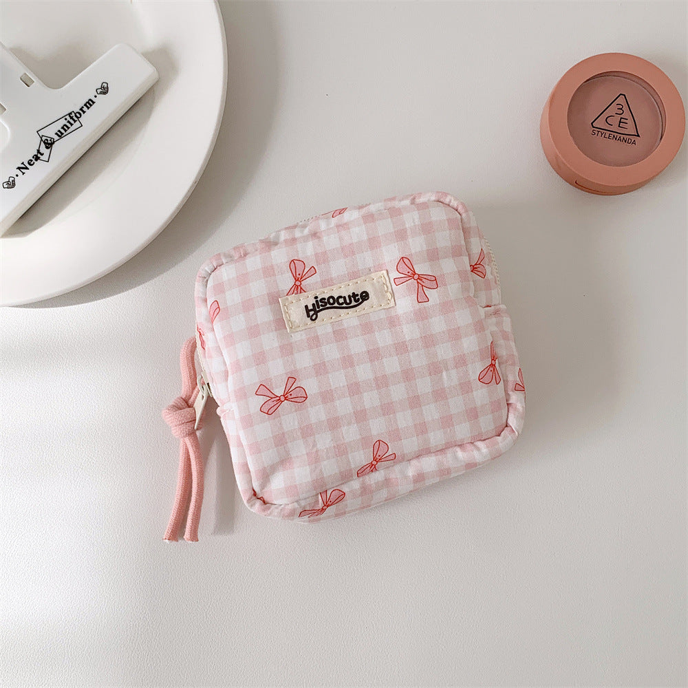 Women's Plaid Bowknot Portable Out Sanitary Napkin Storage Makeup Bag