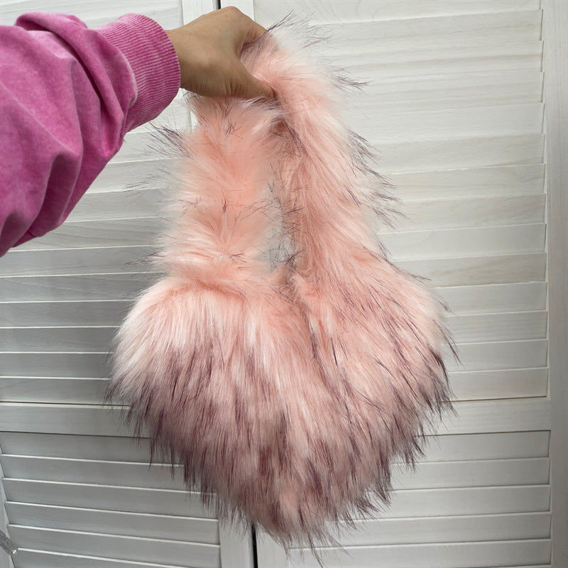 Children's Size Heart Imitation Raccoon Fur Plush Handbags