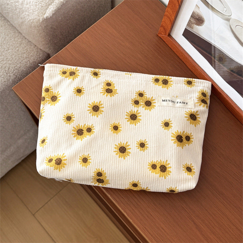 Corduroy Sunflower Large Capacity Wash Liner Clutch Zipper Bags