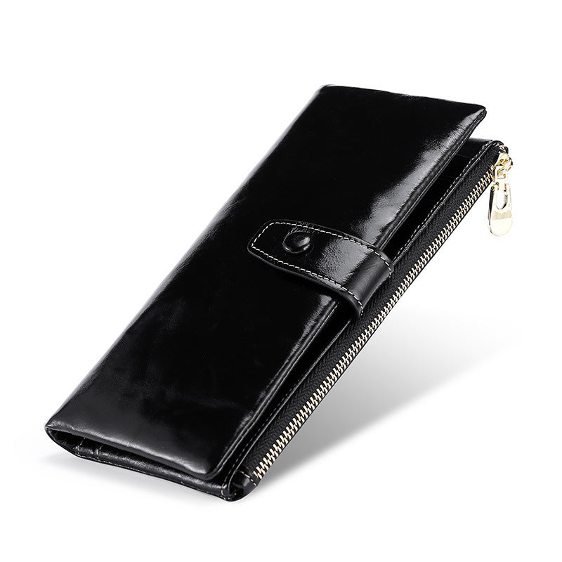 Quality Oil Wax Leather Long Multiple Slots Genuine Hand-held Multifunctional Purses