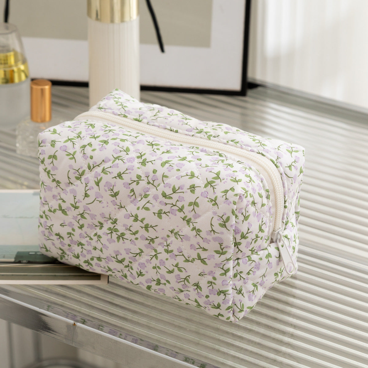 Floral Quilted Toiletries Portable Cosmetics Storage Makeup Bag