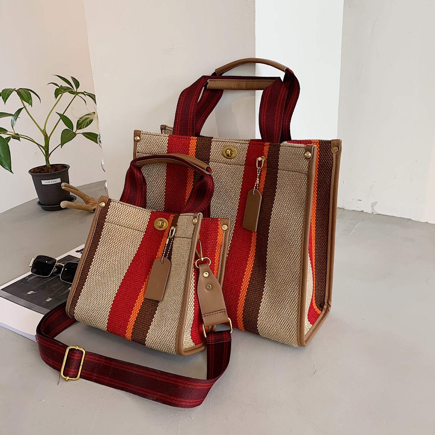 Elegant Women's Fashionable Canvas Striped Broadband Handbags