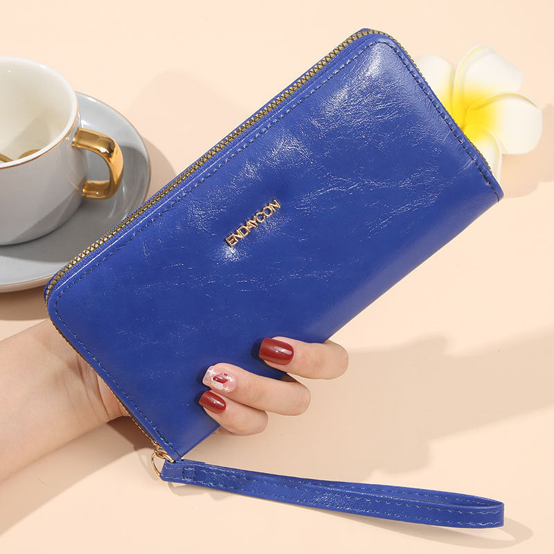 Women's Long Oil Wax Leather Fashion Large Capacity Simple Zipper Ladies Wallet