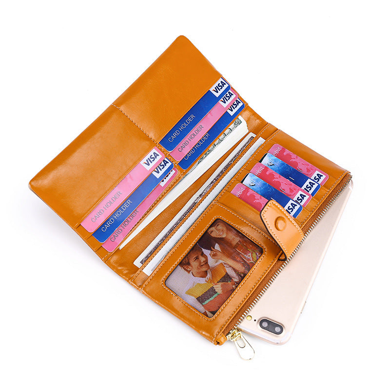 Quality Oil Wax Leather Long Multiple Slots Genuine Hand-held Multifunctional Purses