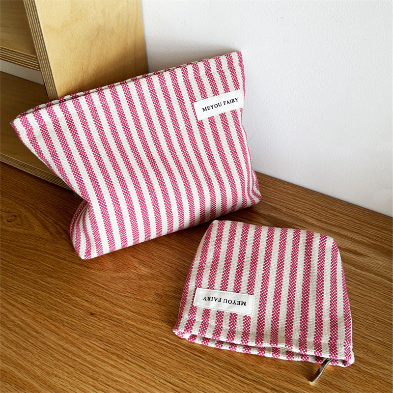 Women's Contrast Color Vertical Stripes Pink Large Capacity Wash Makeup Bag