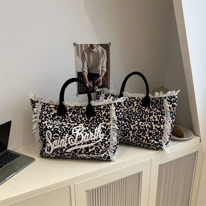 Capacity Leisure Leopard Print Canvas Printed Letter Commuter Portable Women's Shoulder Bag