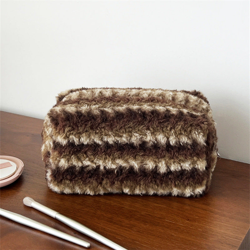 Striped Plush Large Capacity Pencil Wash Portable Storage Bags