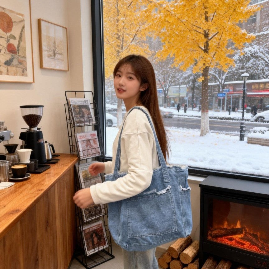 Denim Large Capacity Shopping Commuter Tassel Shoulder Bags