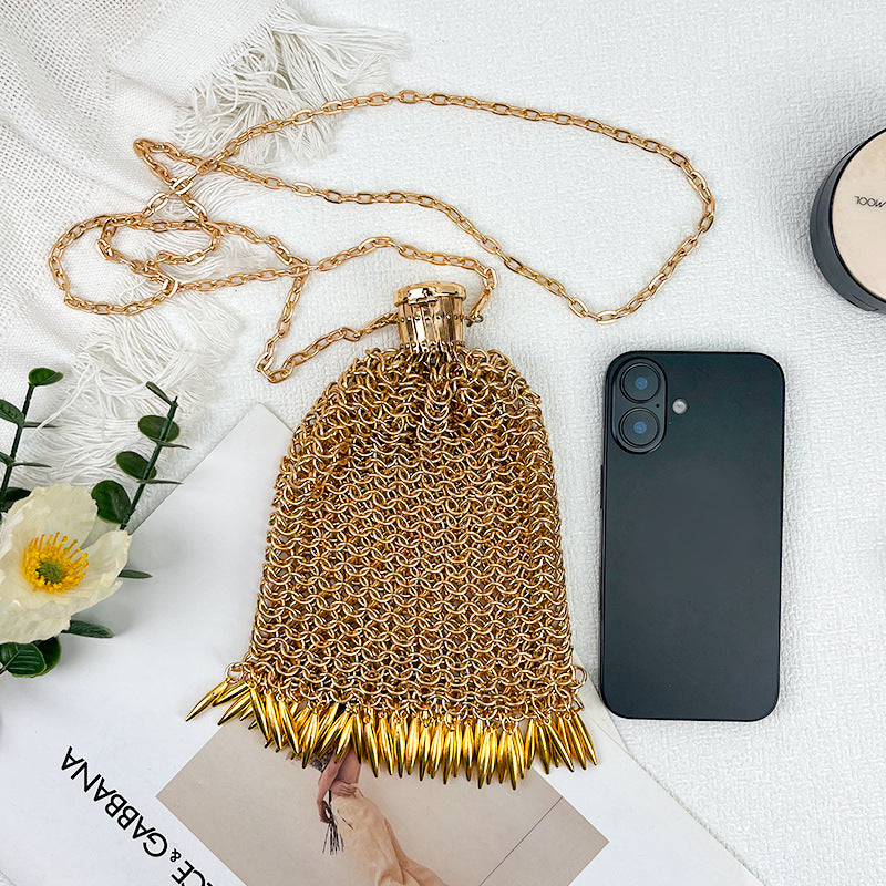 Retro Gold Sier Fine Soft Metal Mesh Women's Messenger Bag