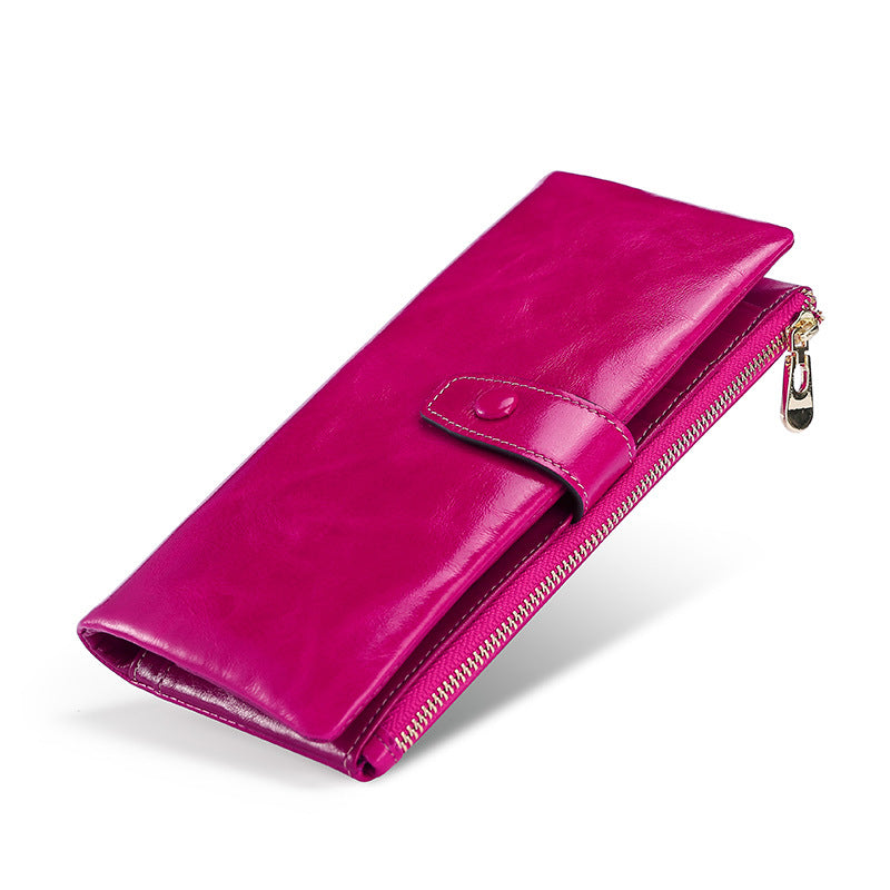 Quality Oil Wax Leather Long Multiple Slots Genuine Hand-held Multifunctional Purses