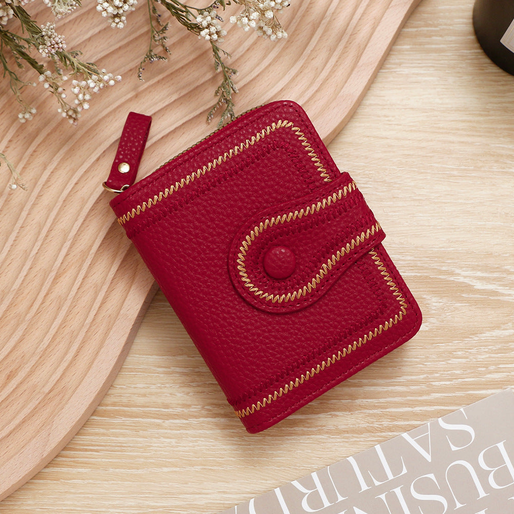 Women's Korean Style Short Zipper Hasp Litchi Pattern Embroidered Solid Color Ladies Wallet