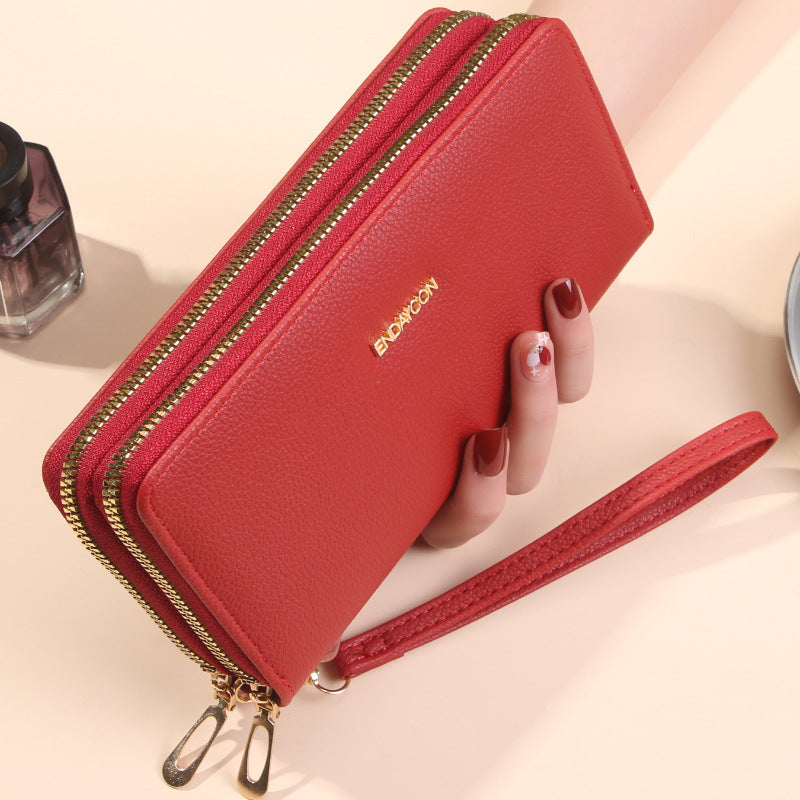 Women's Double Long Zipper Clutch Fashion Simple Lychee Pattern Large Ladies Wallet
