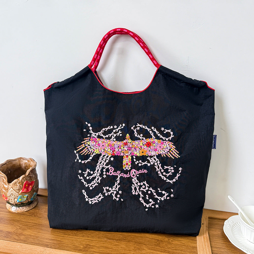 Environmental Protection Embroidery Shopping Nylon Cloth Flower Hand-held Minority Bags