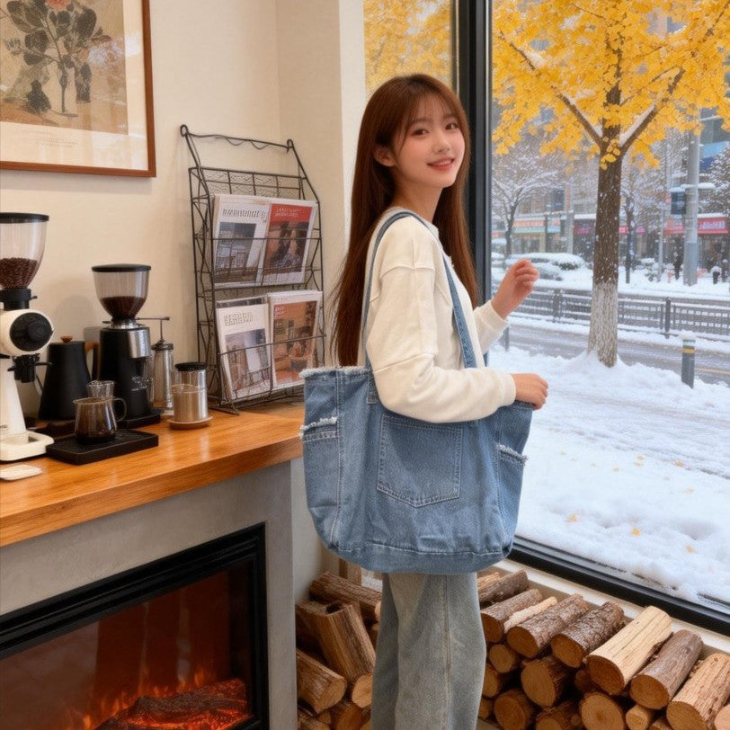 Denim Large Capacity Shopping Commuter Tassel Shoulder Bags