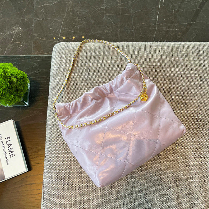Cowhide Classic Style Diamond Chain Garbage Large Capacity Women's Shoulder Bag