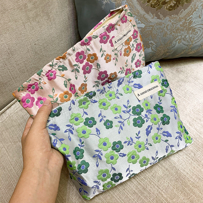 Embossed Flower Literary Printing Buggy Large Capacity Portable Toiletry Canvas Bags