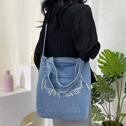 Canvas Denim Washed Cloth Tassel Large Shoulder Bags