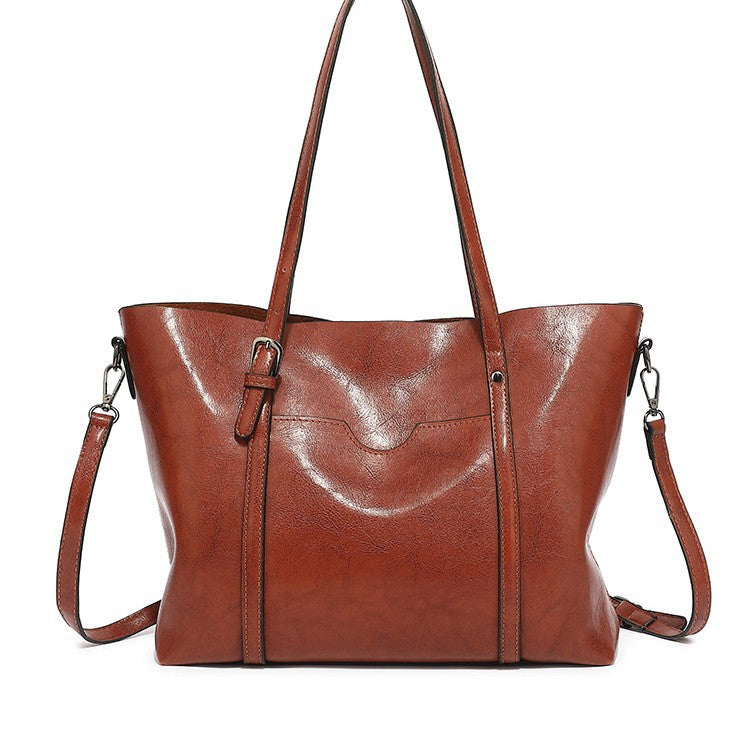 Women's Fashion Trendy Oil Leather Portable Big Women's Shoulder Bag