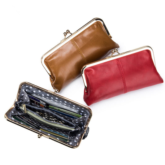 Genuine Leather Retro Clip Long Clutch Simple Frame Storage Handbags