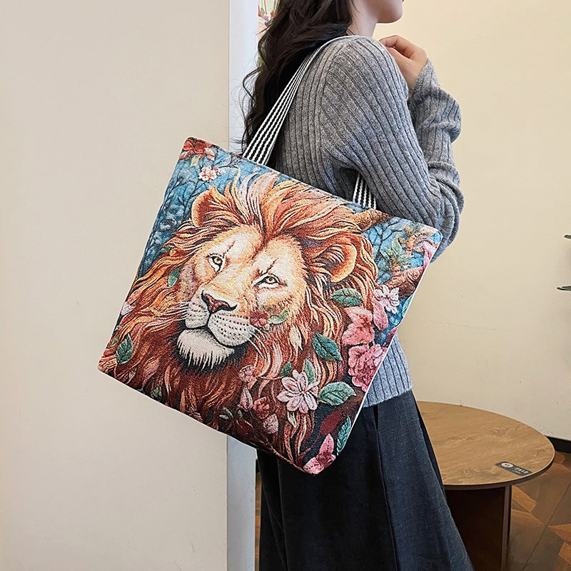 Women's Fashion Gold Silk Embroidered Animal Large Capacity Ethnic Style Women's Shoulder Bag
