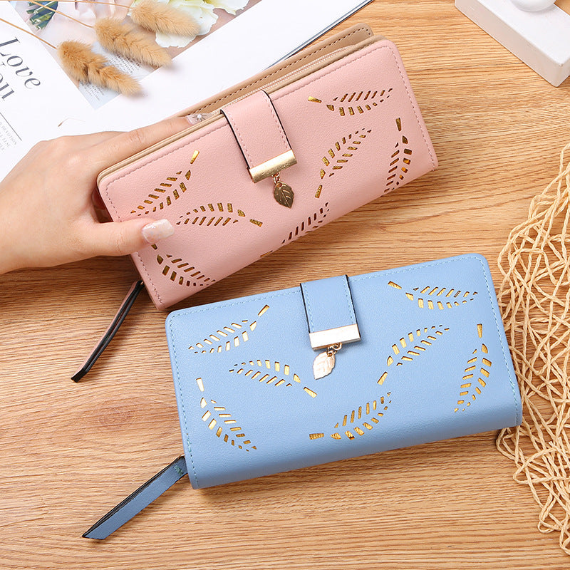 Women's Hollow Leaf Billfold Leather Korean Style Two Fold Long Ladies Wallets