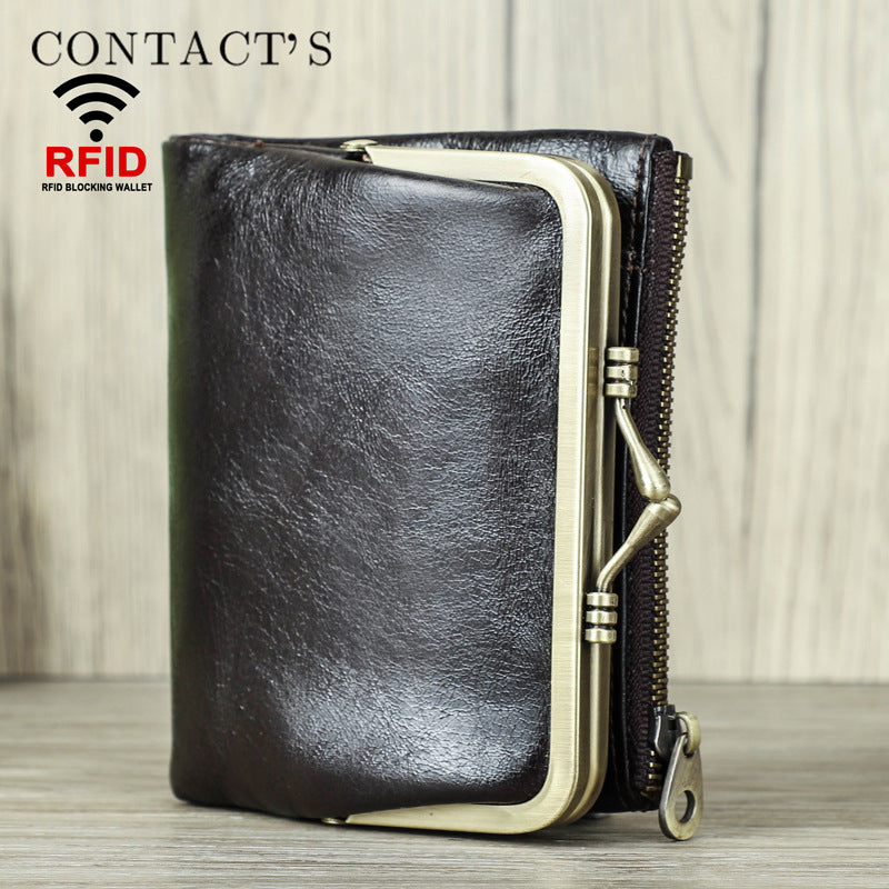 Women's Angel First Layer Cowhide Iron Hinge Short Leather Ladies Wallet