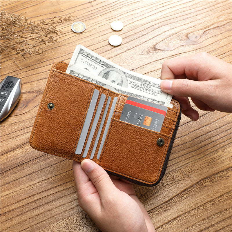 Men's Tanned Leather Cowhide Short Genuine Green Vertical Coin Purses